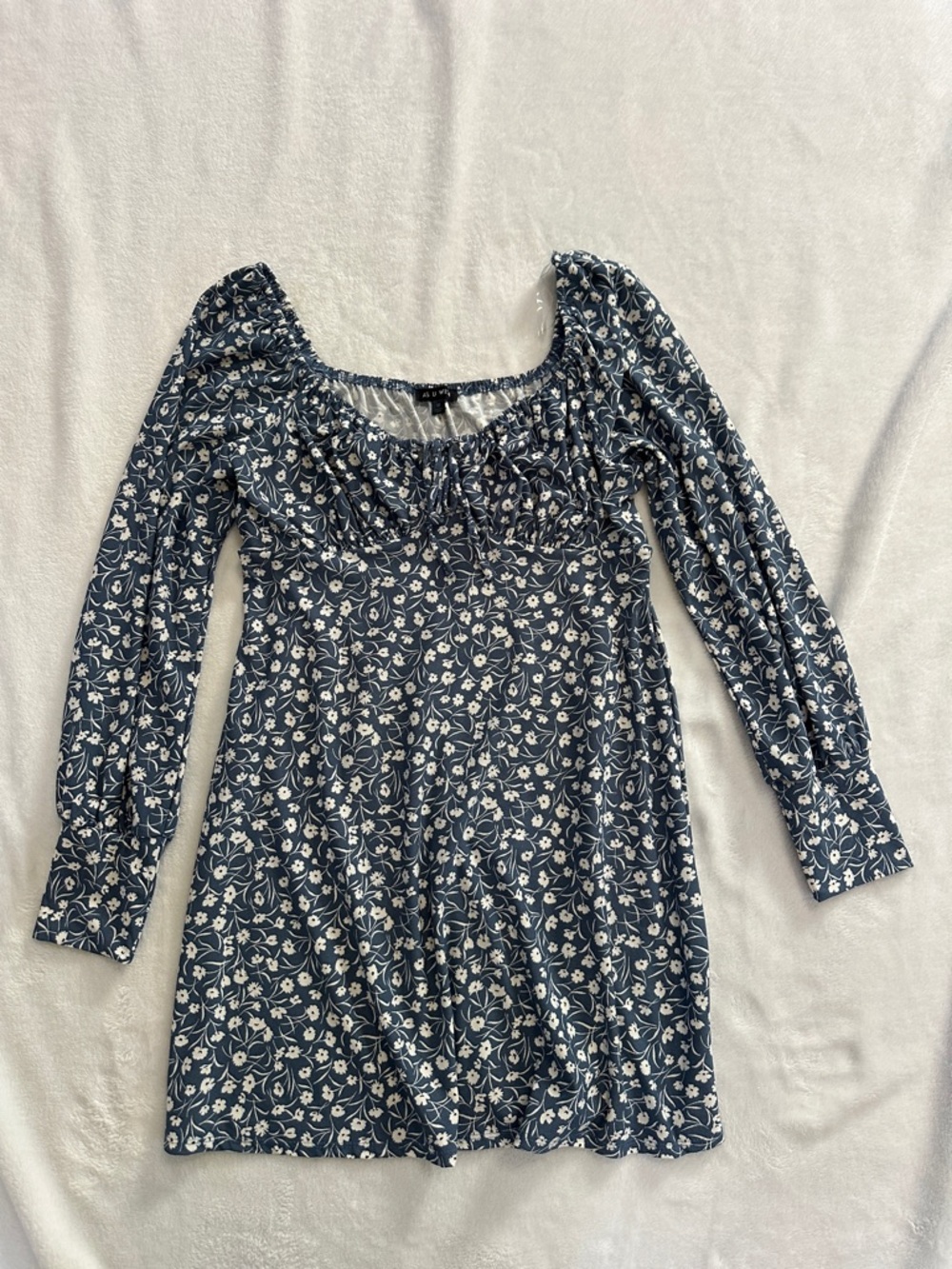 As U Wish Navy Blue Floral Long Sleeve Square Neck Dress